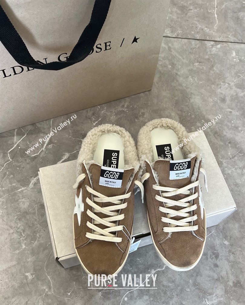 Golden Goose Super-Star Sneaker Mules in brown suede and shearling with white leather star 2024 (13-241113005)