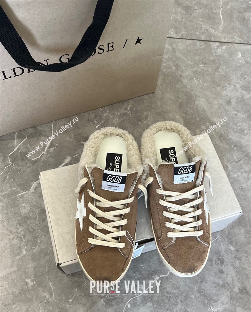 Golden Goose Super-Star Sneaker Mules in brown suede and shearling with white leather star 2024 (13-241113005)