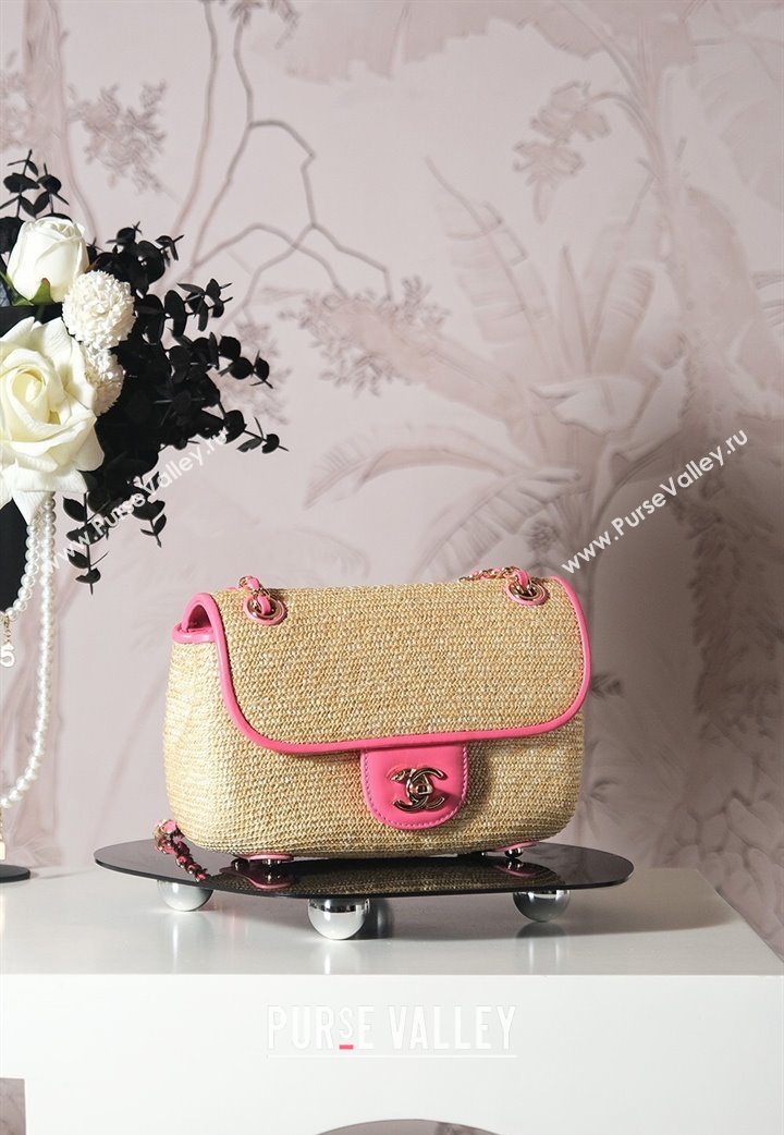 Chanel Raffia Straw and Calfskin Large Flap Bag AS5929 Beige/Pink 2025 (yezi-251011018)