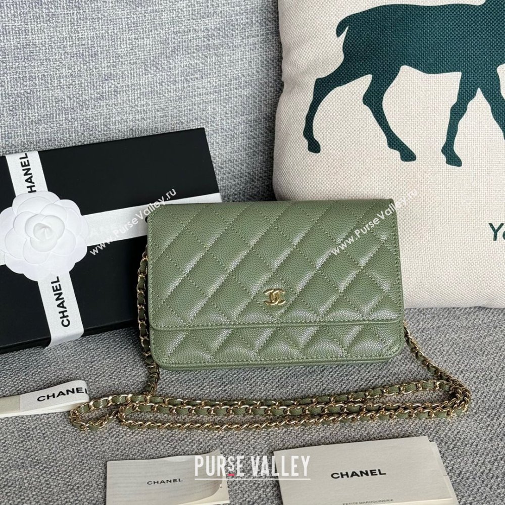 Chanel Grained Calfskin Classic Wallet on Chain WOC Gold/Green 2024 (MHUI-241501)