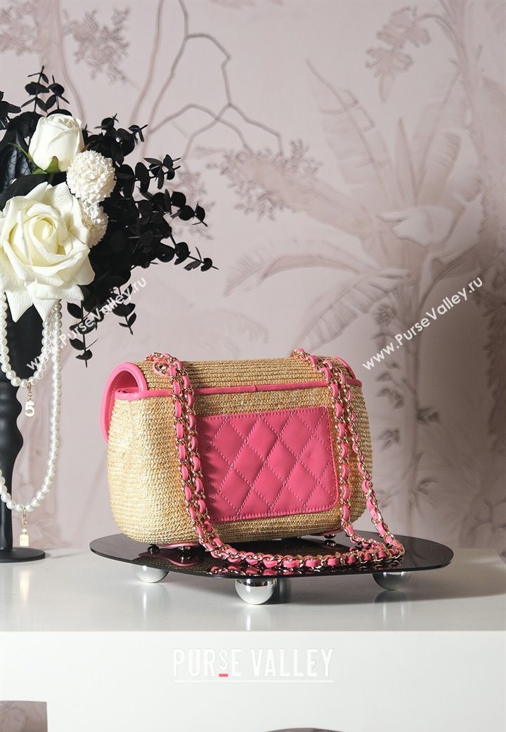 Chanel Raffia Straw and Calfskin Large Flap Bag AS5929 Beige/Pink 2025 (yezi-251011018)