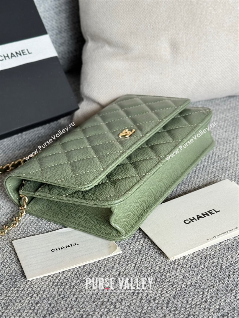 Chanel Grained Calfskin Classic Wallet on Chain WOC Gold/Green 2024 (MHUI-241501)