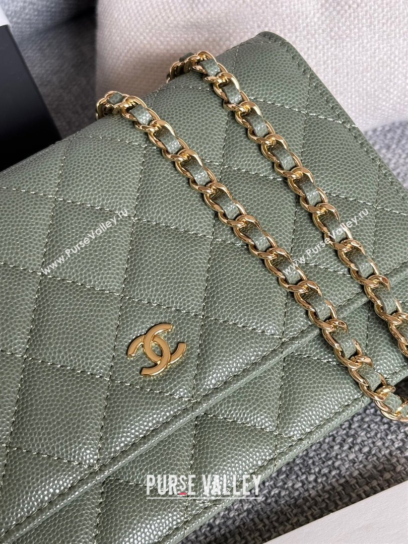 Chanel Grained Calfskin Classic Wallet on Chain WOC Gold/Green 2024 (MHUI-241501)