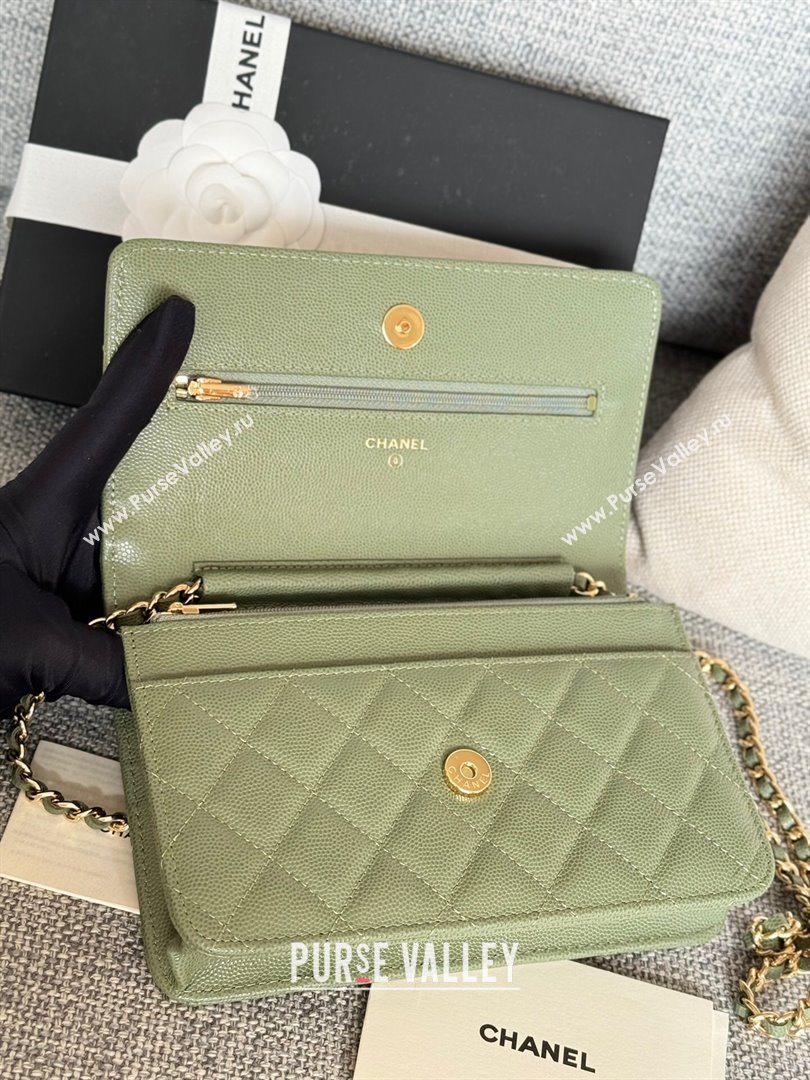 Chanel Grained Calfskin Classic Wallet on Chain WOC Gold/Green 2024 (MHUI-241501)