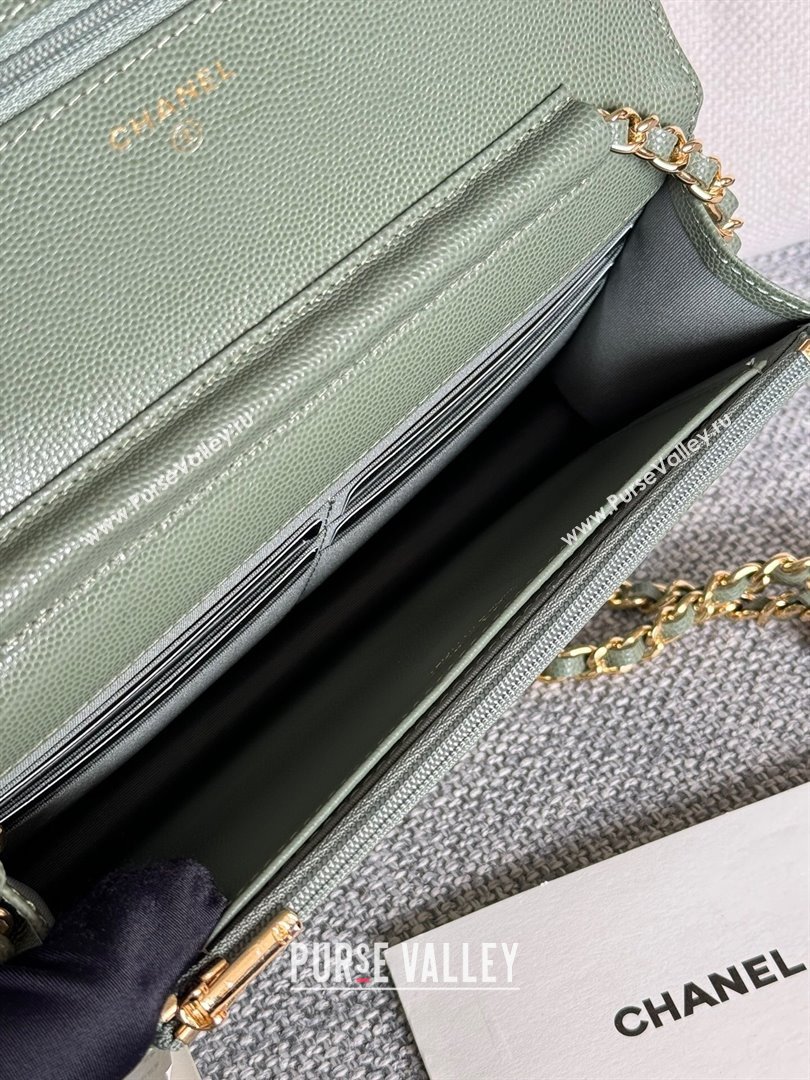 Chanel Grained Calfskin Classic Wallet on Chain WOC Gold/Green 2024 (MHUI-241501)