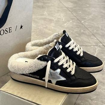 Golden Goose Ball Star Sabots Sneaker Mules in black nappa leather with silver star and shearling lining 2024 (13-241113014)