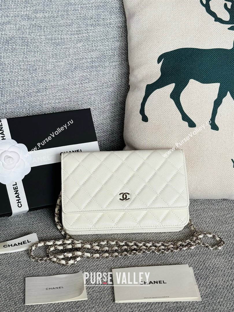 Chanel Grained Calfskin Classic Wallet on Chain WOC Silver/White 2024 (MHUI-241502)