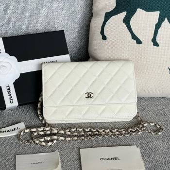 Chanel Grained Calfskin Classic Wallet on Chain WOC Silver/White 2024 (MHUI-241502)