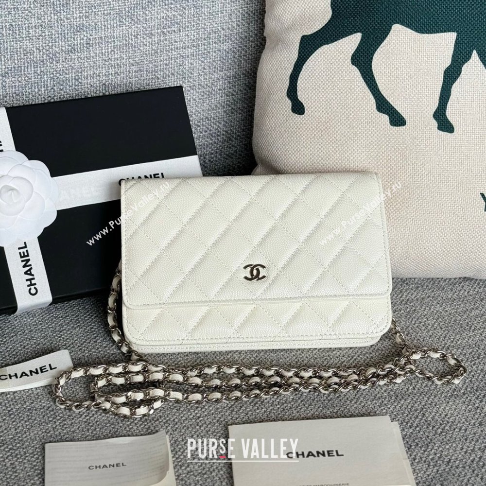 Chanel Grained Calfskin Classic Wallet on Chain WOC Silver/White 2024 (MHUI-241502)