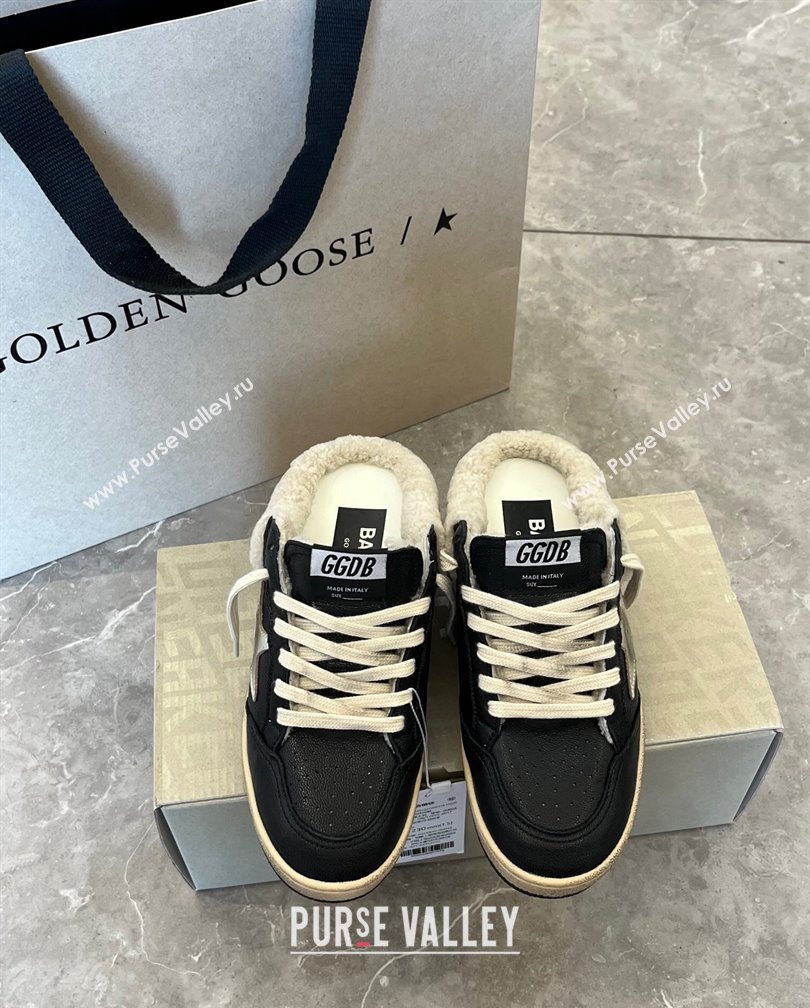 Golden Goose Ball Star Sabots Sneaker Mules in black nappa leather with silver star and shearling lining 2024 (13-241113014)