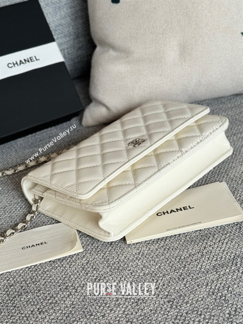 Chanel Grained Calfskin Classic Wallet on Chain WOC Silver/White 2024 (MHUI-241502)