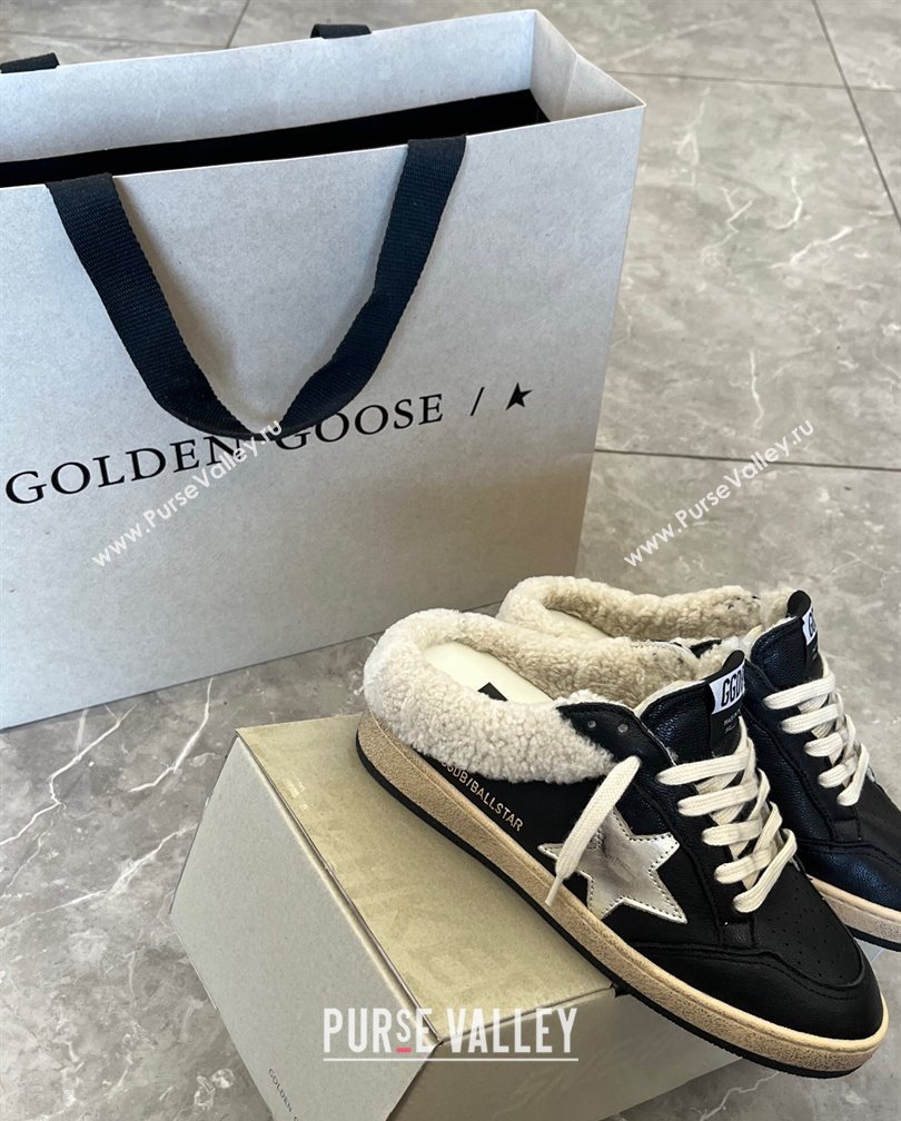 Golden Goose Ball Star Sabots Sneaker Mules in black nappa leather with silver star and shearling lining 2024 (13-241113014)