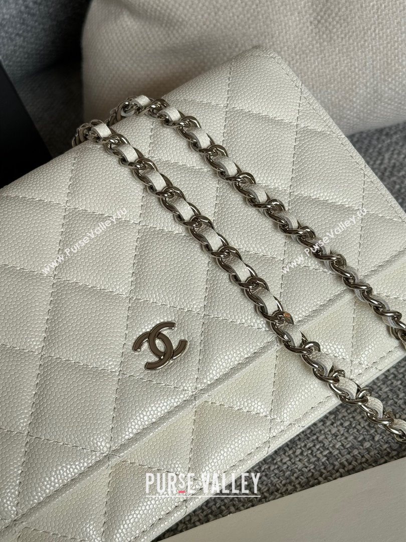 Chanel Grained Calfskin Classic Wallet on Chain WOC Silver/White 2024 (MHUI-241502)