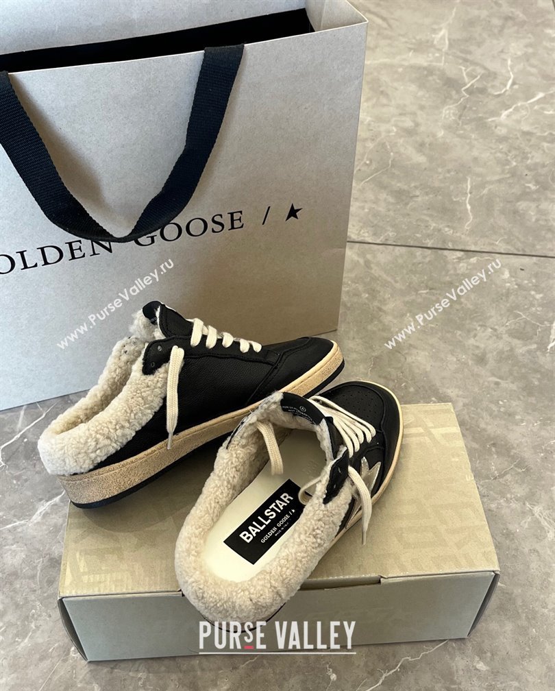 Golden Goose Ball Star Sabots Sneaker Mules in black nappa leather with silver star and shearling lining 2024 (13-241113014)