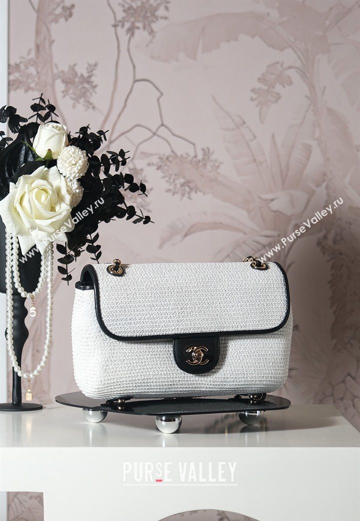 Chanel Raffia Straw and Calfskin Large Flap Bag AS5929 White/Black 2025 (yezi-251011019)