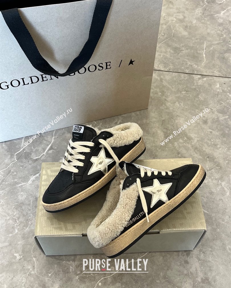 Golden Goose Ball Star Sabots Sneaker Mules in black nappa leather with silver star and shearling lining 2024 (13-241113014)