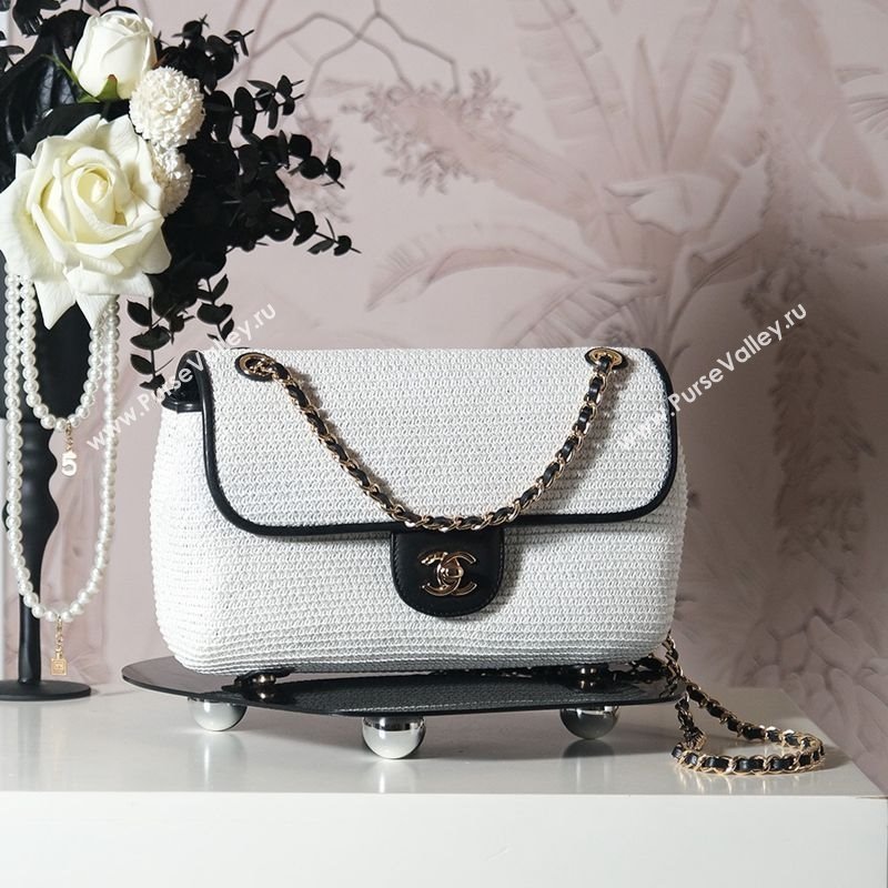 Chanel Raffia Straw and Calfskin Large Flap Bag AS5929 White/Black 2025 (yezi-251011019)