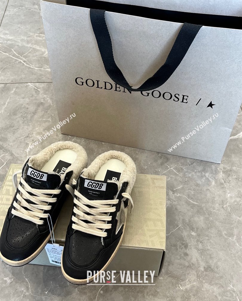 Golden Goose Ball Star Sabots Sneaker Mules in black nappa leather with silver star and shearling lining 2024 (13-241113014)