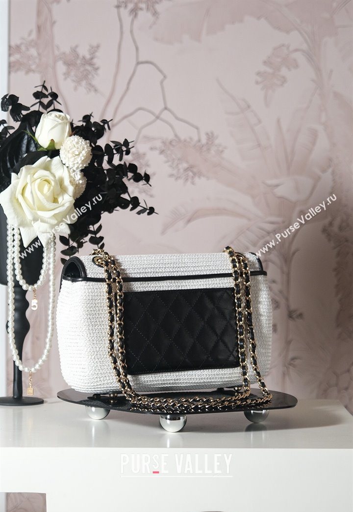 Chanel Raffia Straw and Calfskin Large Flap Bag AS5929 White/Black 2025 (yezi-251011019)