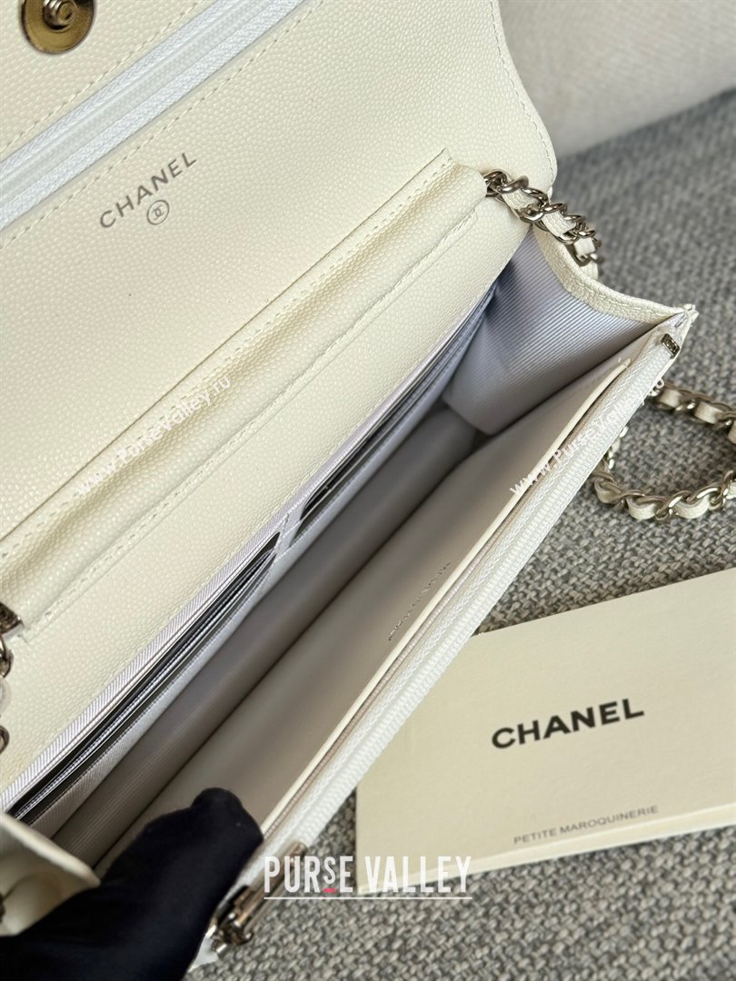 Chanel Grained Calfskin Classic Wallet on Chain WOC Silver/White 2024 (MHUI-241502)