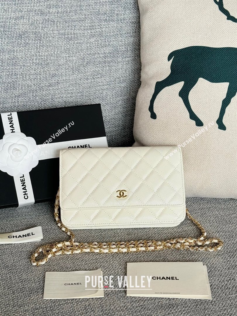 Chanel Grained Calfskin Classic Wallet on Chain WOC Gold/White 2024 (MHUI-241503)