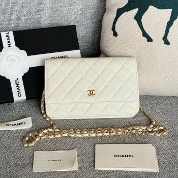 Chanel Grained Calfskin Classic Wallet on Chain WOC Gold/White 2024 (MHUI-241503)