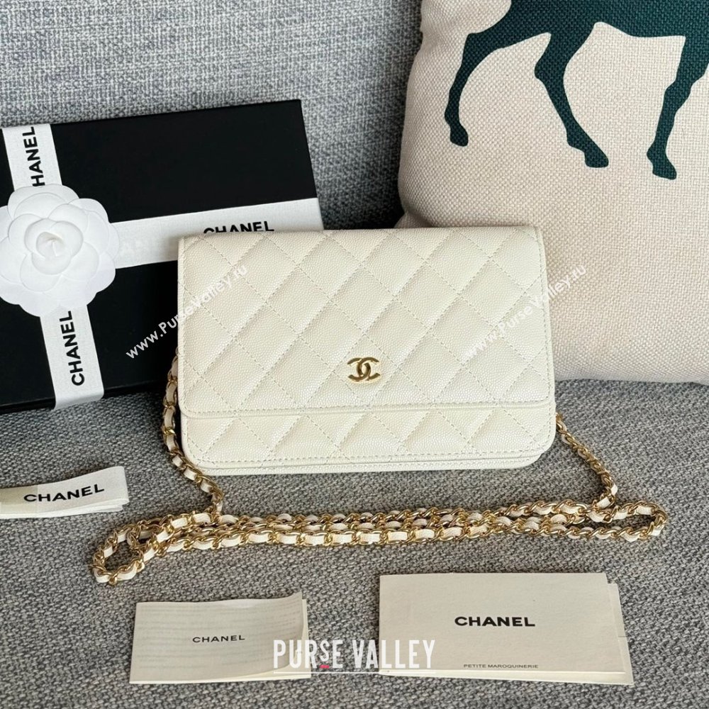 Chanel Grained Calfskin Classic Wallet on Chain WOC Gold/White 2024 (MHUI-241503)