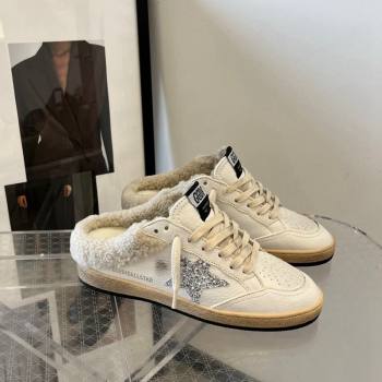 Golden Goose Ball Star Sabots sneaker mules in white leather with silver glitter star and shearling lining 2024 (13-241113015)