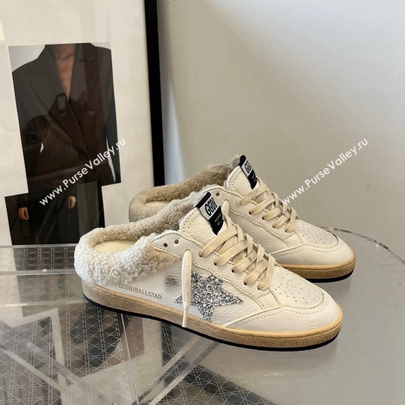 Golden Goose Ball Star Sabots sneaker mules in white leather with silver glitter star and shearling lining 2024 (13-241113015)