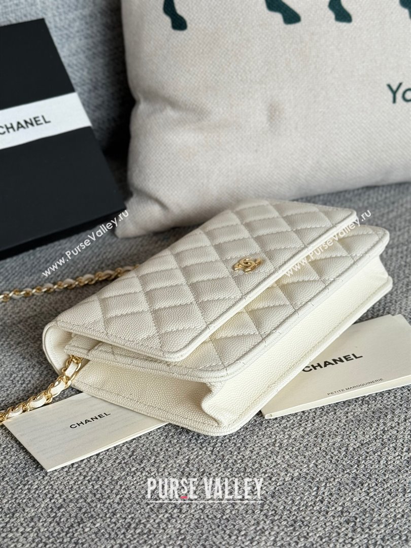 Chanel Grained Calfskin Classic Wallet on Chain WOC Gold/White 2024 (MHUI-241503)