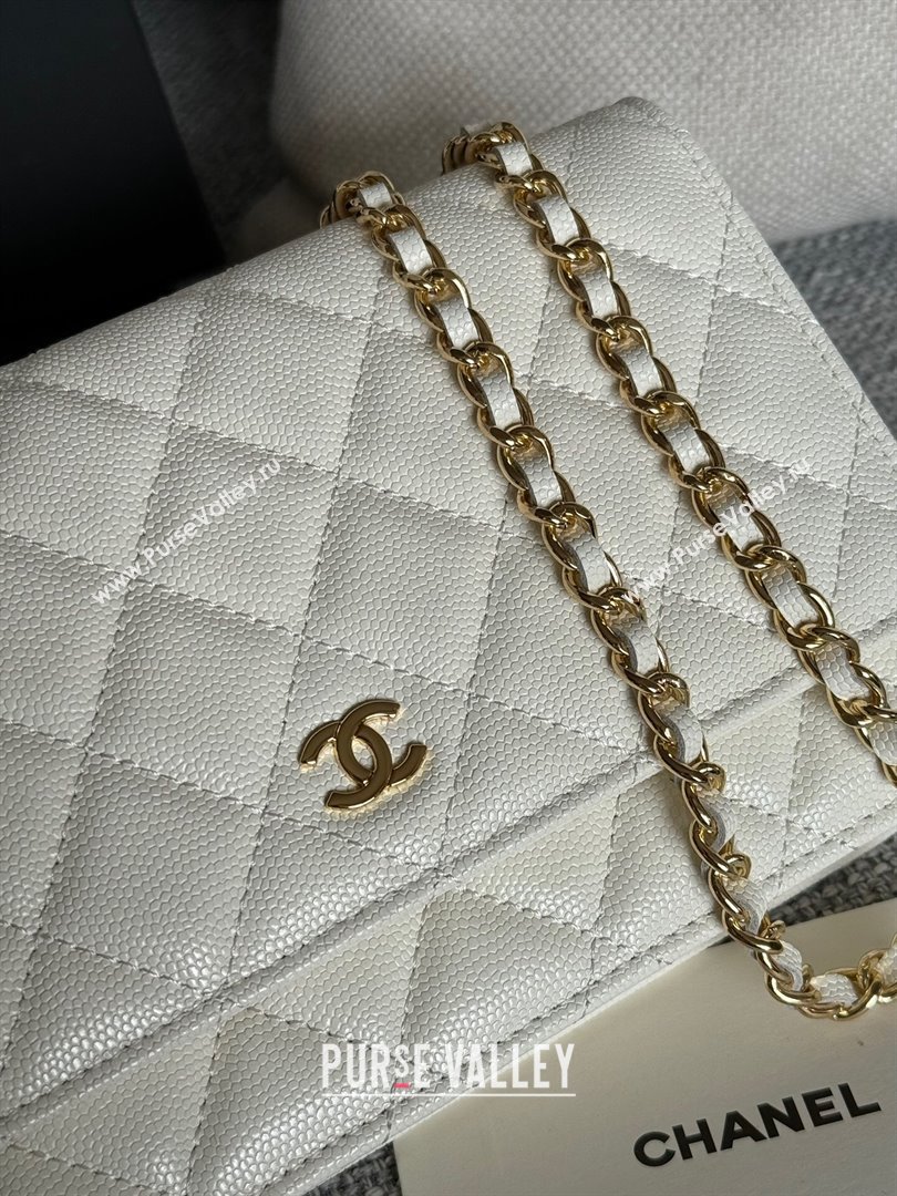 Chanel Grained Calfskin Classic Wallet on Chain WOC Gold/White 2024 (MHUI-241503)