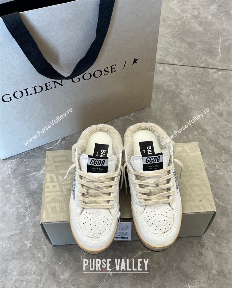 Golden Goose Ball Star Sabots sneaker mules in white leather with silver glitter star and shearling lining 2024 (13-241113015)