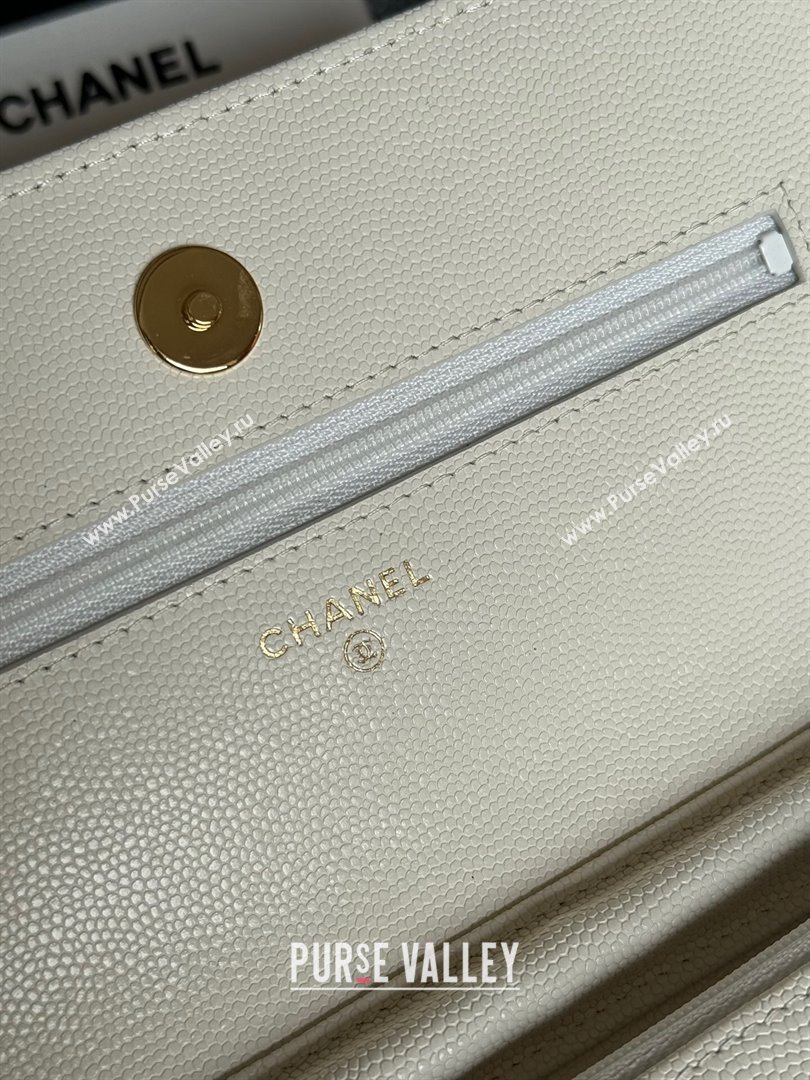 Chanel Grained Calfskin Classic Wallet on Chain WOC Gold/White 2024 (MHUI-241503)