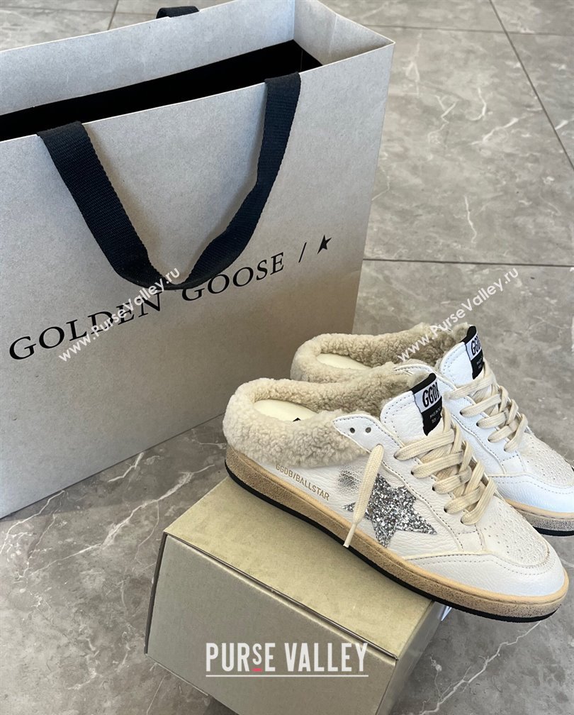 Golden Goose Ball Star Sabots sneaker mules in white leather with silver glitter star and shearling lining 2024 (13-241113015)