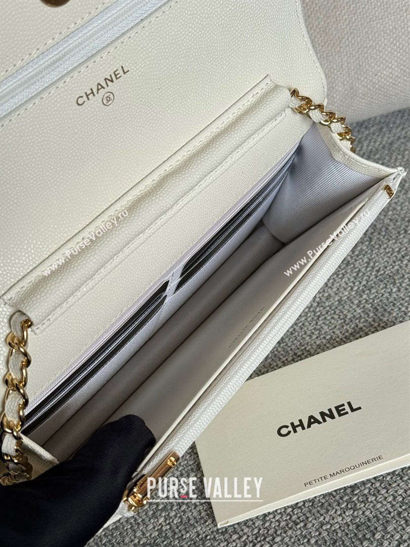 Chanel Grained Calfskin Classic Wallet on Chain WOC Gold/White 2024 (MHUI-241503)