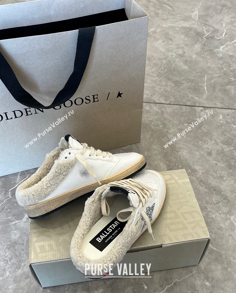 Golden Goose Ball Star Sabots sneaker mules in white leather with silver glitter star and shearling lining 2024 (13-241113015)