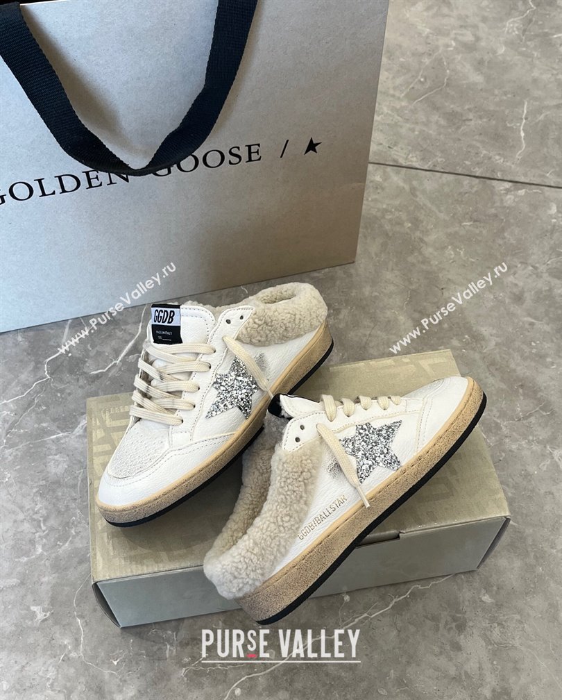 Golden Goose Ball Star Sabots sneaker mules in white leather with silver glitter star and shearling lining 2024 (13-241113015)