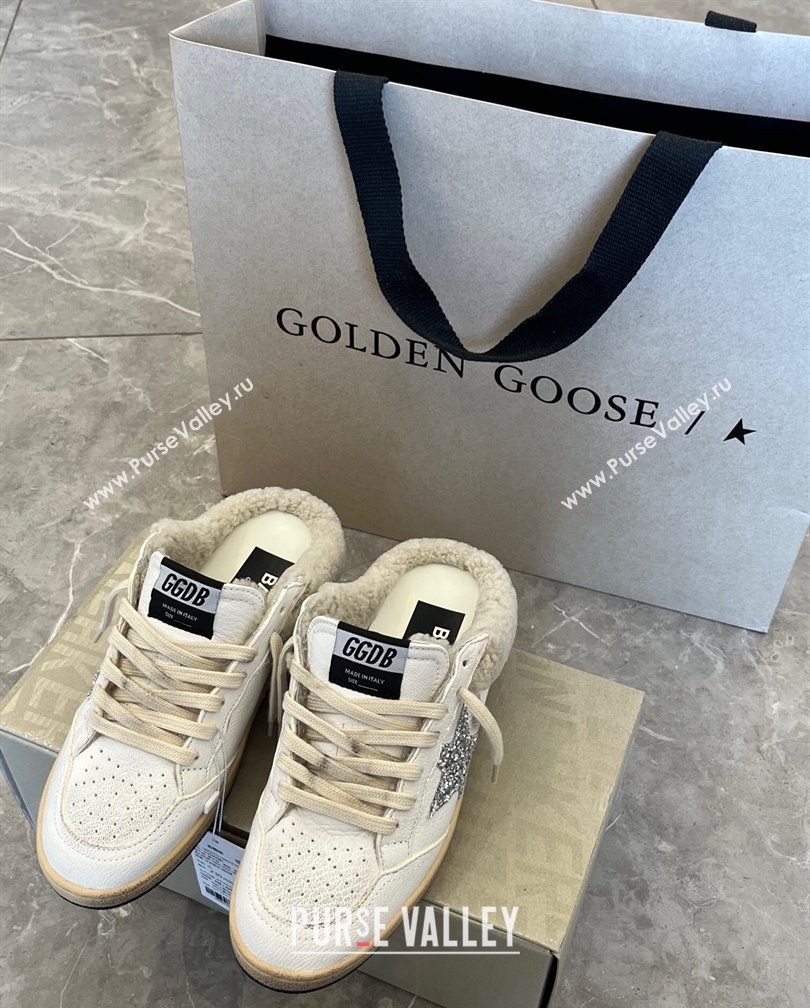 Golden Goose Ball Star Sabots sneaker mules in white leather with silver glitter star and shearling lining 2024 (13-241113015)