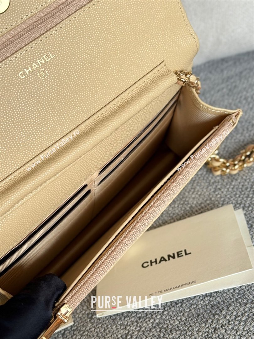 Chanel Grained Calfskin Classic Wallet on Chain WOC Gold/Beige 2024 (MHUI-241504)