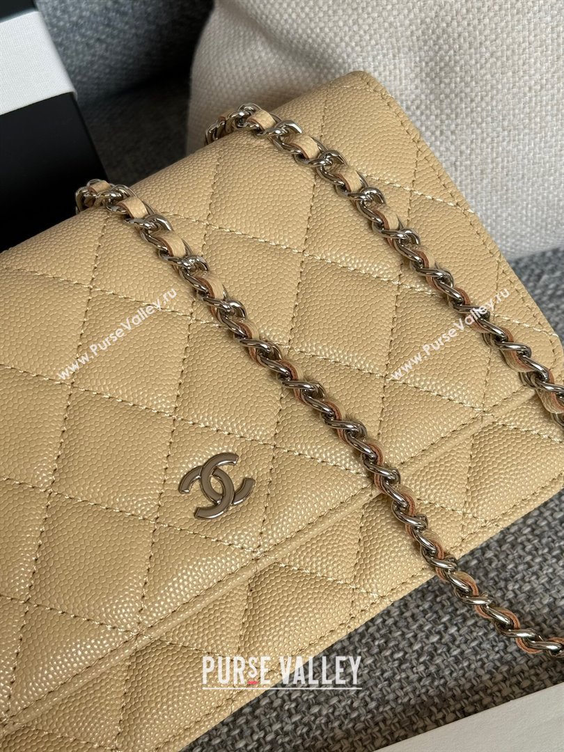 Chanel Grained Calfskin Classic Wallet on Chain WOC Silver/Beige 2024 (MHUI-241505)