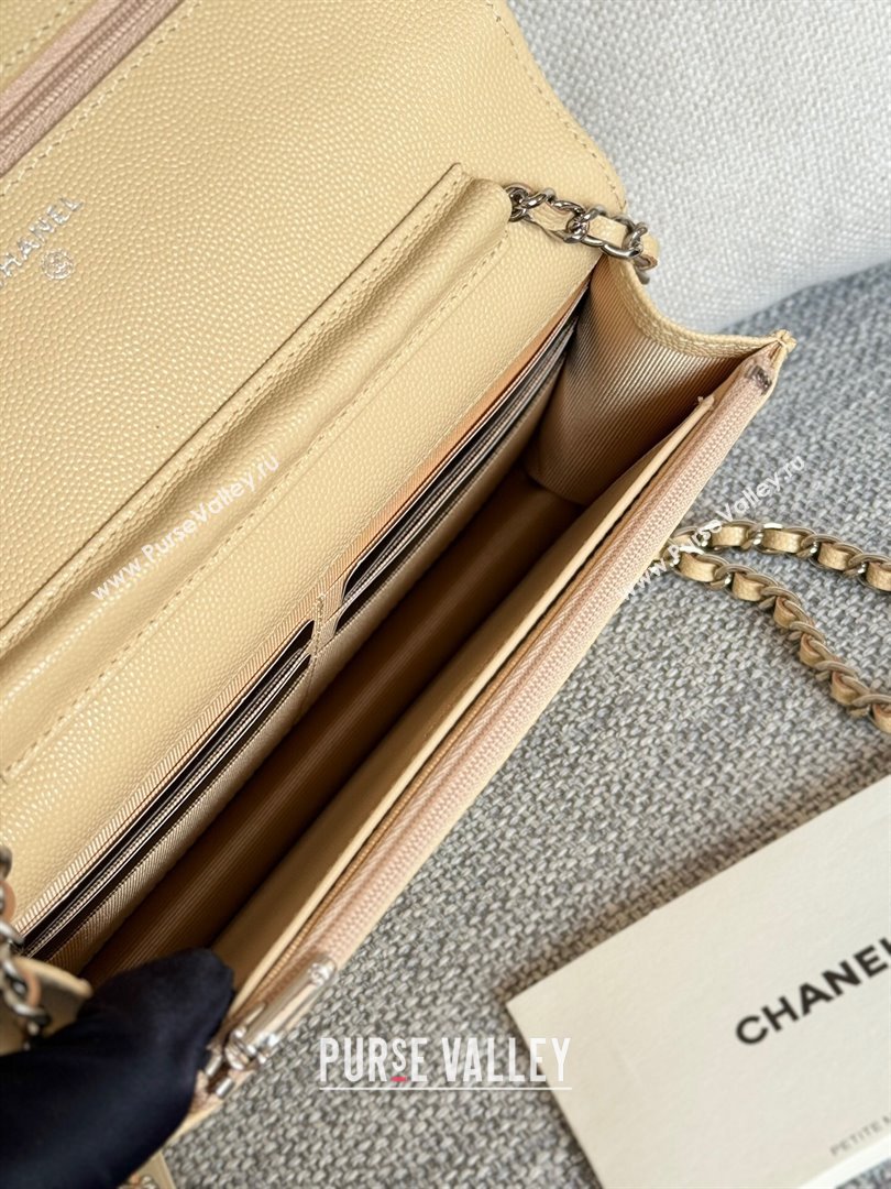 Chanel Grained Calfskin Classic Wallet on Chain WOC Silver/Beige 2024 (MHUI-241505)