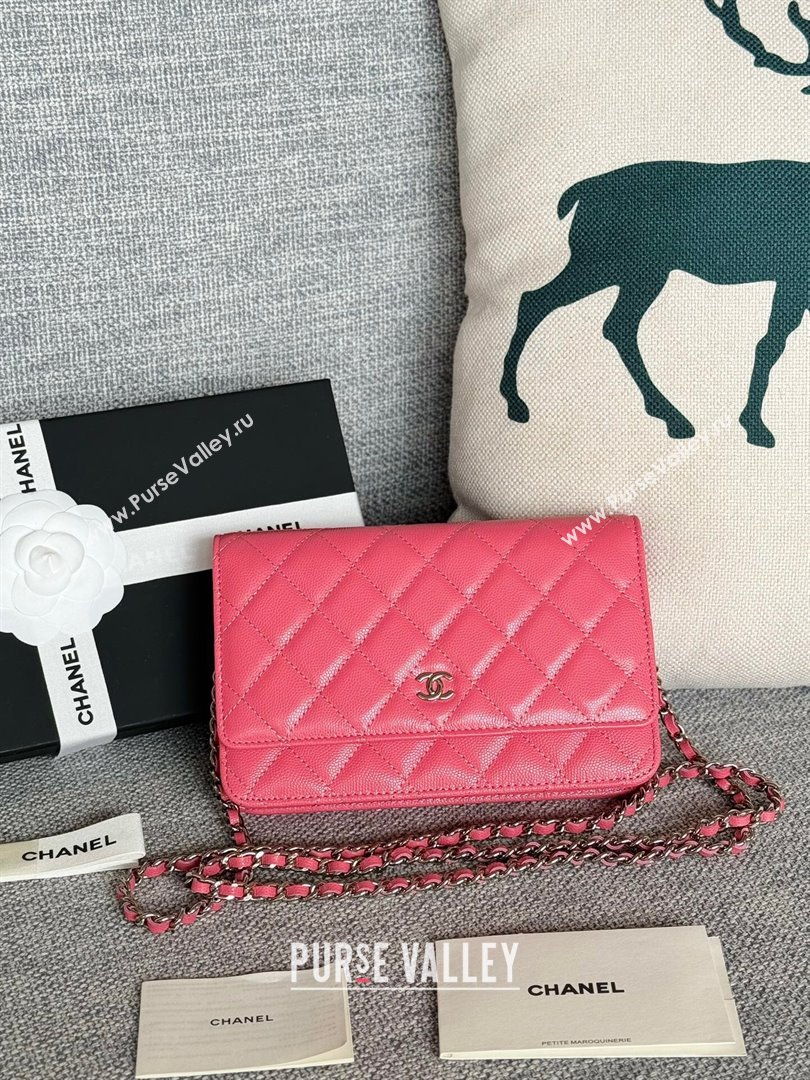 Chanel Grained Calfskin Classic Wallet on Chain WOC Silver/Rosy 2024 (MHUI-241506)