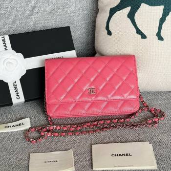 Chanel Grained Calfskin Classic Wallet on Chain WOC Silver/Rosy 2024 (MHUI-241506)