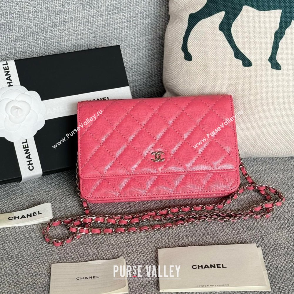 Chanel Grained Calfskin Classic Wallet on Chain WOC Silver/Rosy 2024 (MHUI-241506)