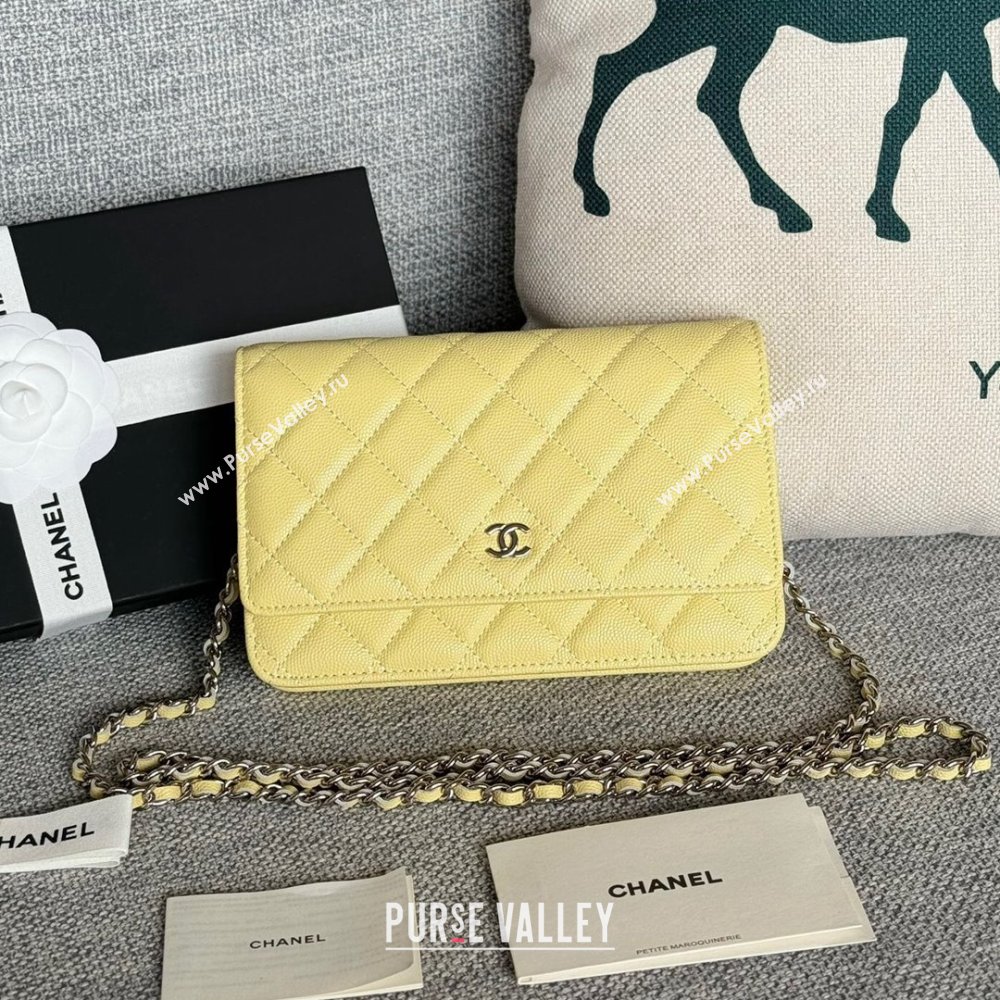 Chanel Grained Calfskin Classic Wallet on Chain WOC Silver/Yellow 2024 (MHUI-241508)