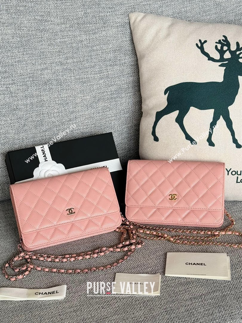 Chanel Grained Calfskin Classic Wallet on Chain WOC Gold/Pink 2024 (MHUI-241511)