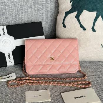 Chanel Grained Calfskin Classic Wallet on Chain WOC Gold/Pink 2024 (MHUI-241511)