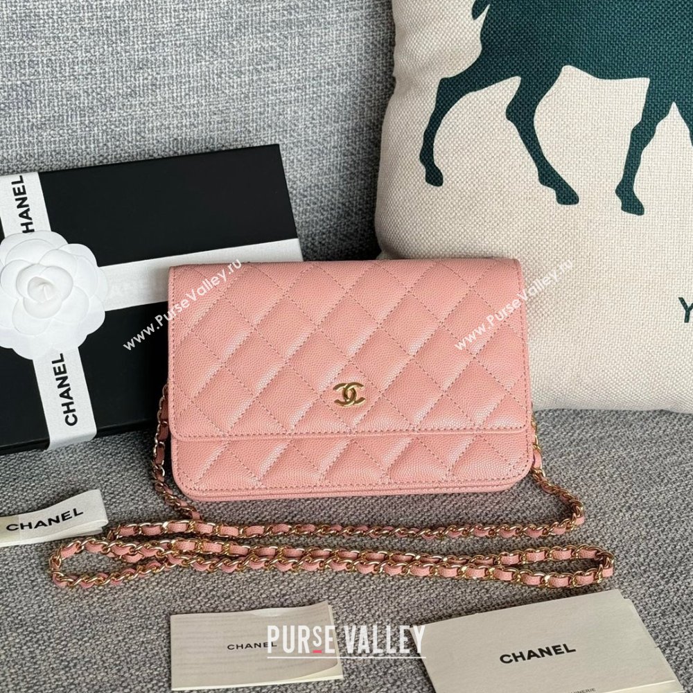 Chanel Grained Calfskin Classic Wallet on Chain WOC Gold/Pink 2024 (MHUI-241511)