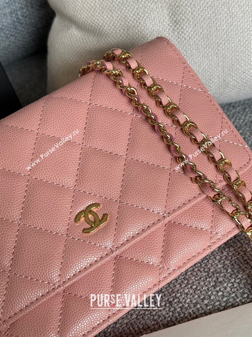 Chanel Grained Calfskin Classic Wallet on Chain WOC Gold/Pink 2024 (MHUI-241511)