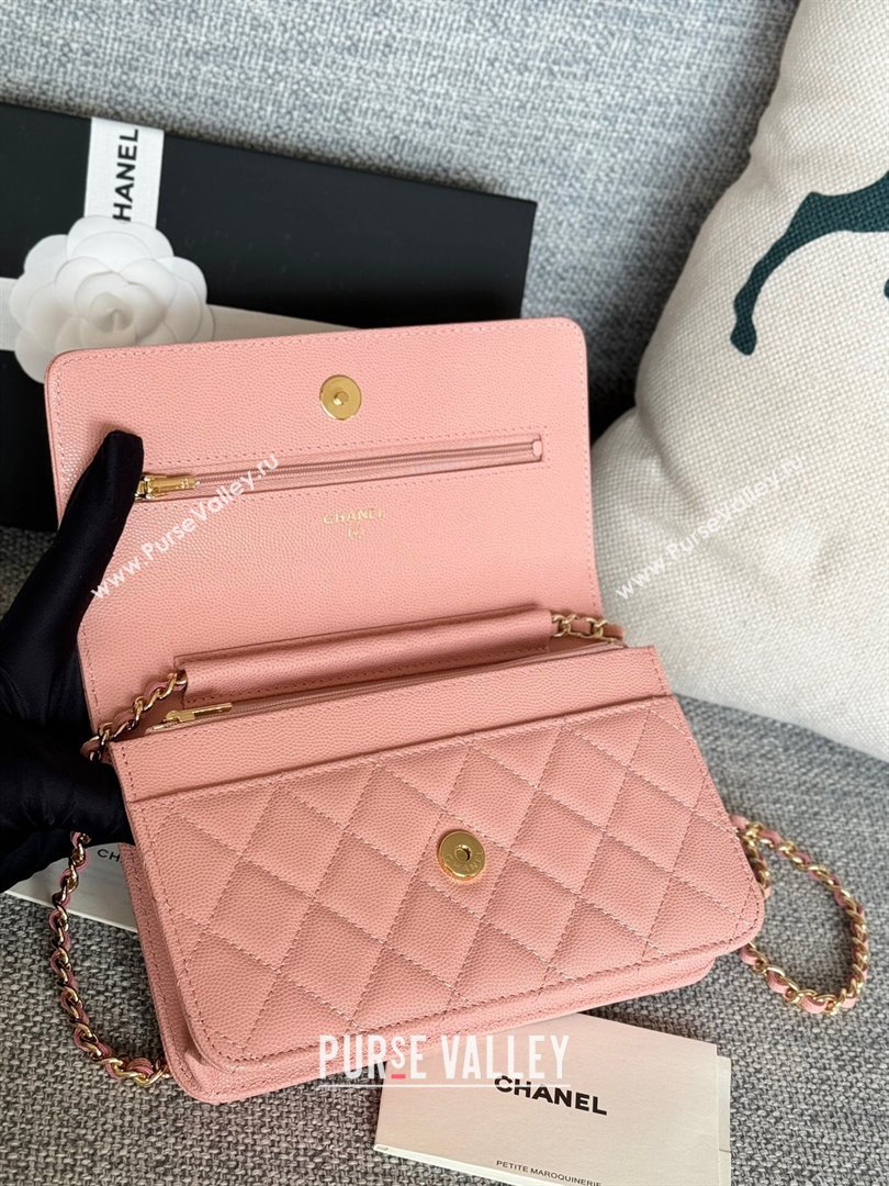 Chanel Grained Calfskin Classic Wallet on Chain WOC Gold/Pink 2024 (MHUI-241511)